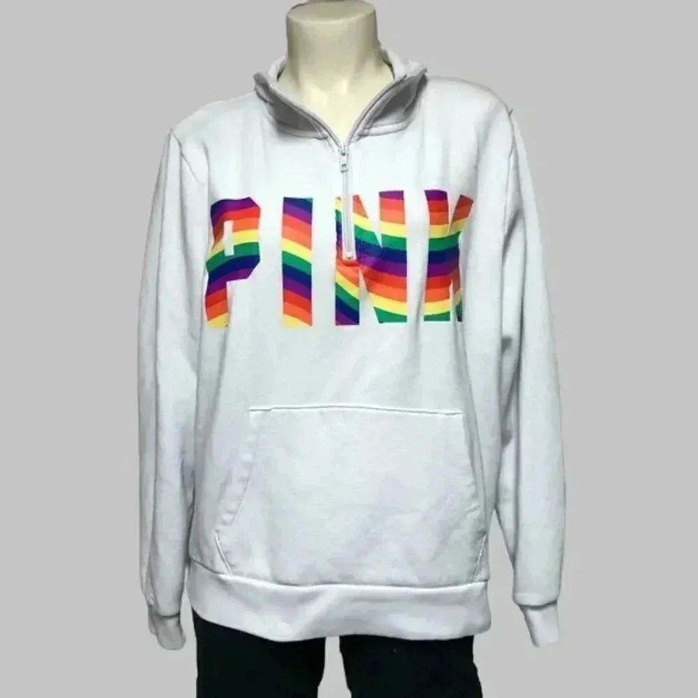 PINK Victoris'a Secret White Quarter Zip Pullover Rainbow Logo Size XL
